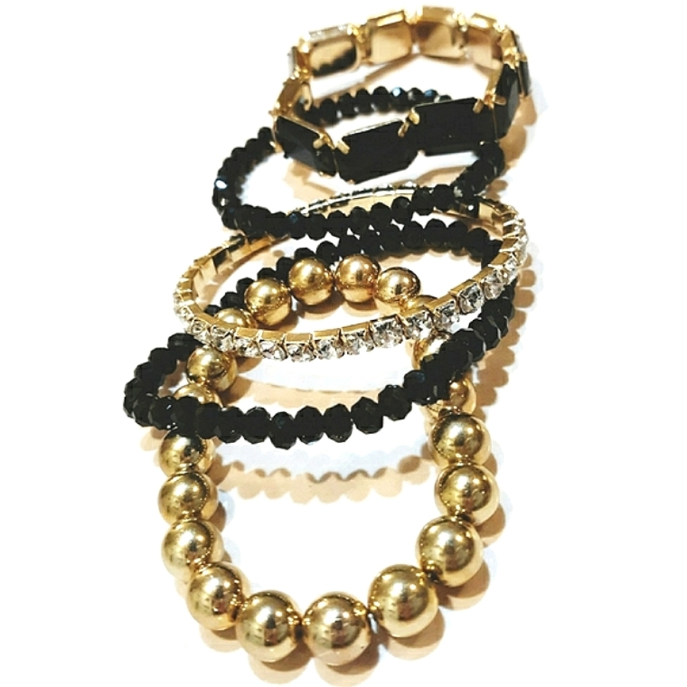 Black & Gold Beads & Gems Stretchy Fashion Bracelets Set - Shoe Dazzle
